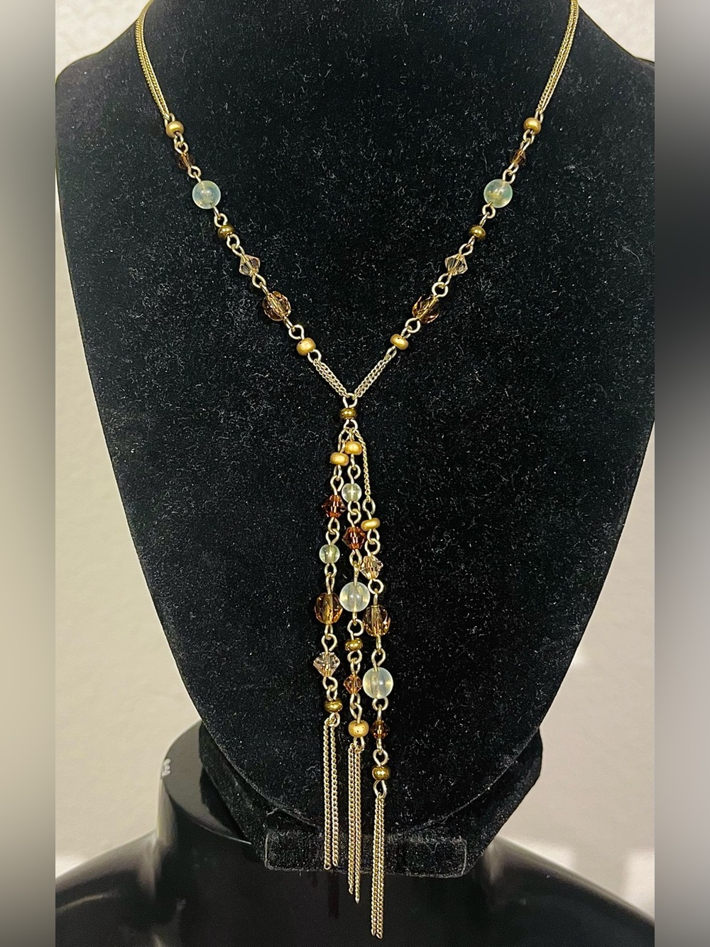 Vintage Multi-Bead Tassel Necklace in Gold and Brown